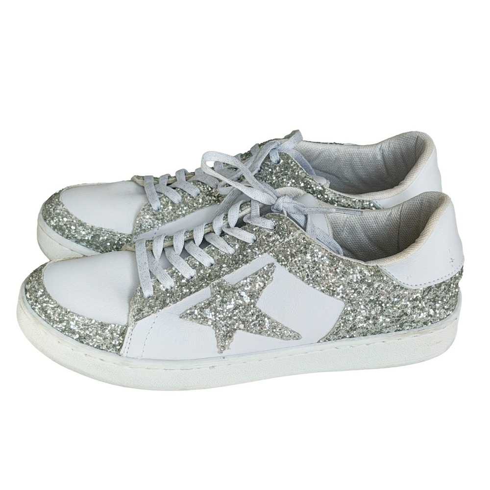 Silver Glitter Star2 White Sneakers Women's Size 8 Pink Lily